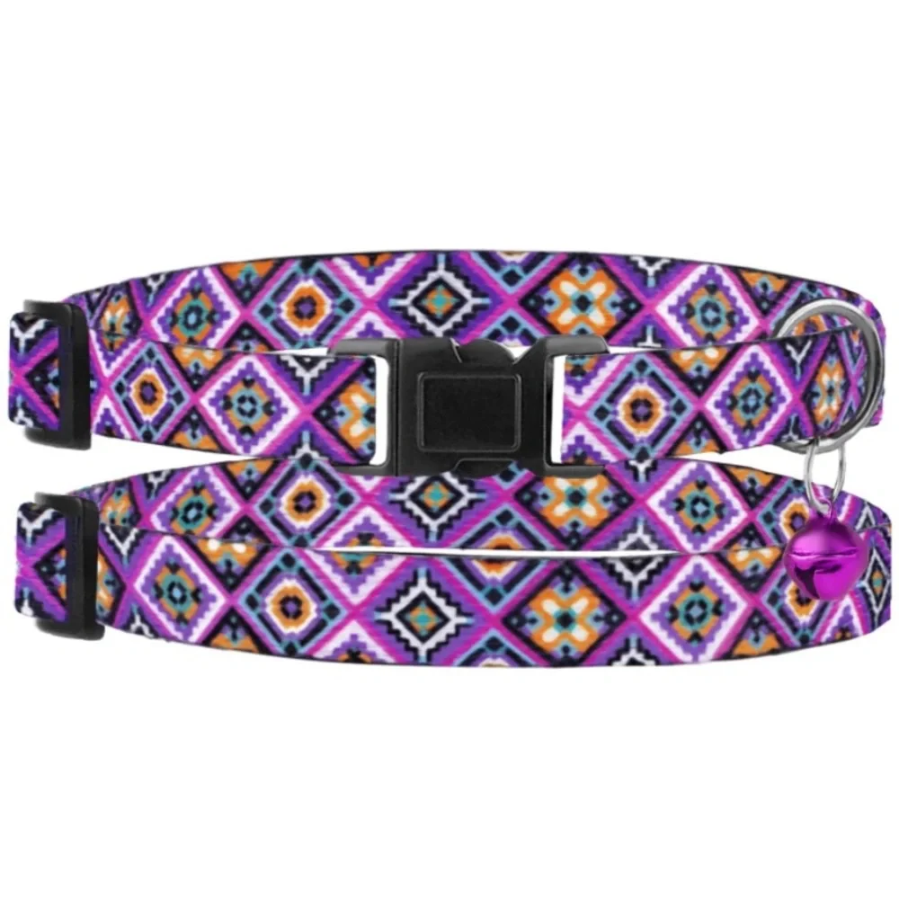 Cat collars Aztec print purple turquoise bell breakaway clasp